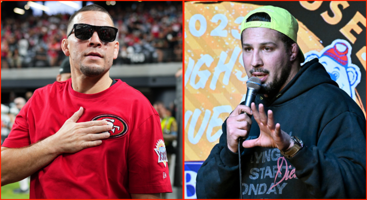 Left photo shows Mate Diaz at a 49ers game, Right photo shows Brendan Schaub doing standup comedy