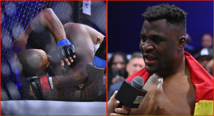 Side by side of Francis Ngannou during and after his PFL fight against Renan Ferreira