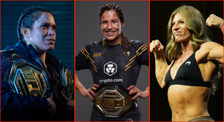 Split image of Amanda Nunes after UFC 289, Julianna Pena after UFC 307 and Kayla Harrison before UFC 307