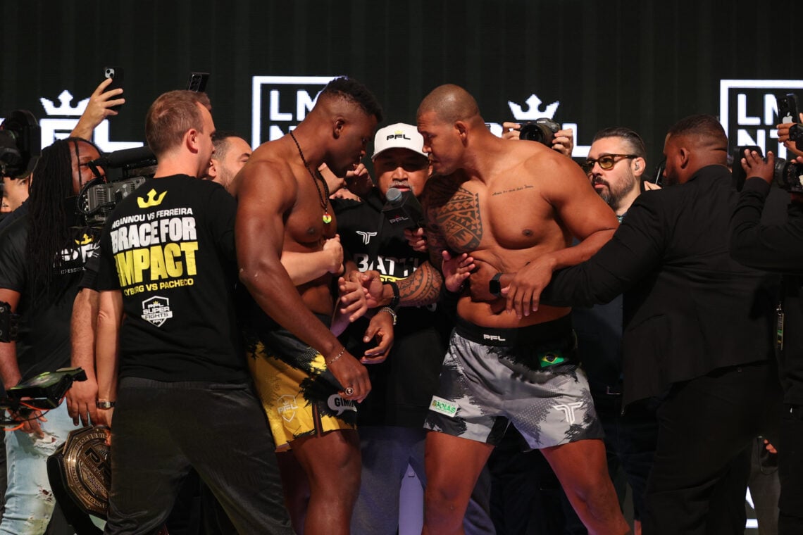 Francis Ngannou and Renan Ferreira are pulled apart during PFL face-off