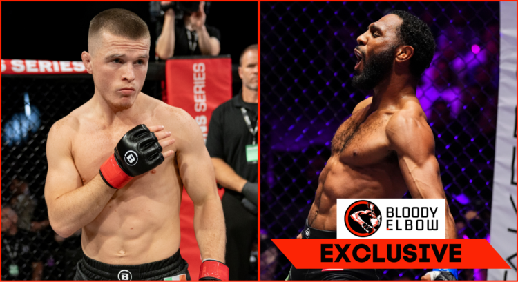 (L) Paul Hughes before a Bellator fight (R) AJ McKee during his PFL debut Overlay text reads: "BLOODY ELBOW EXCLUSIVE"
