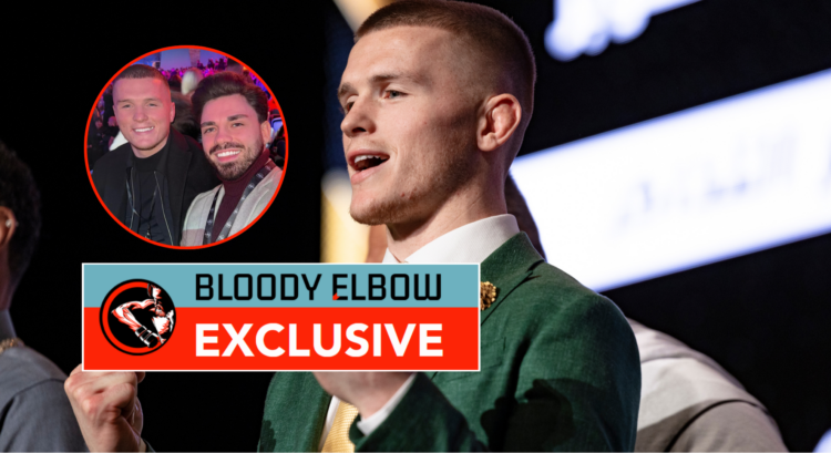 Main photo shows Paul Hughes at the PFL press conference. Bubble shows him with Ryan Curtis. Overlay text reads: BLOODY ELBOW EXCLUSIVE