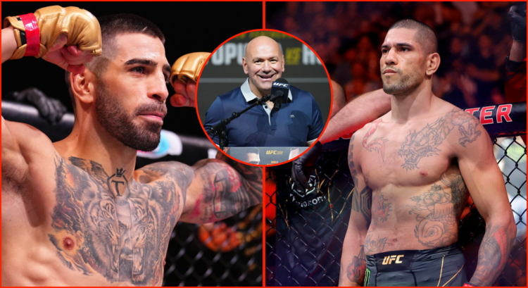 Split image of Ilia Topuria at UFC 308, Dana White at the UFC 308 pre-fight press conference and Alex Pereira at UFC 287