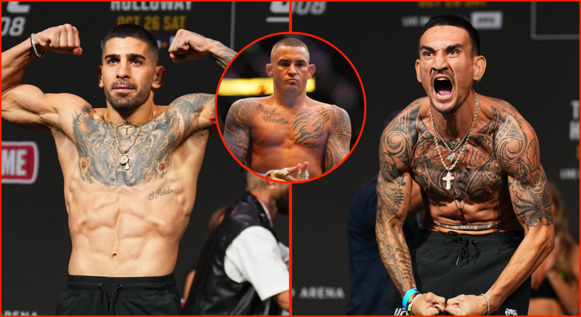 Pop out of Ilia Topuria and Max Holloway at UFC 308 ceremonial weigh ins and Dustin Poirier at UFC 302.