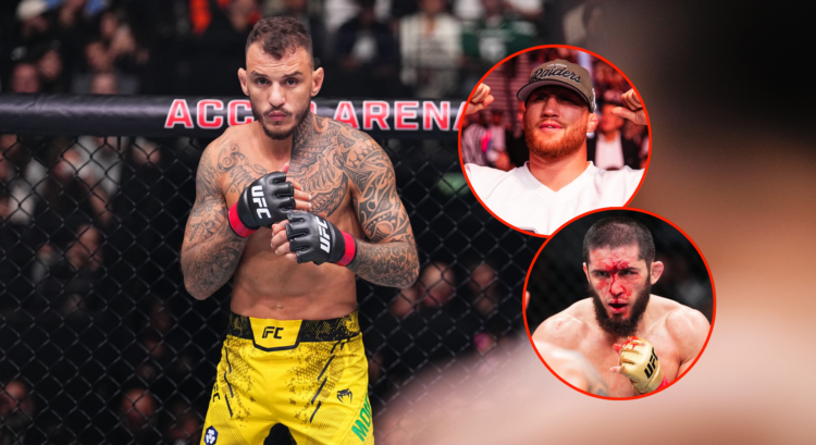 Renato Moicano (left) moments before his UFC Paris main event with pop out images of Justin Gaethje (top) and Islam Makhachev (bottom)