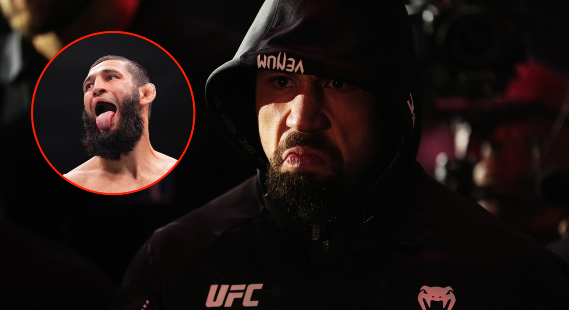 Robert Whittaker (right) before his fight against Ikram Aliskerov and Khamzat Chimaev (left) following his UFC 294 win