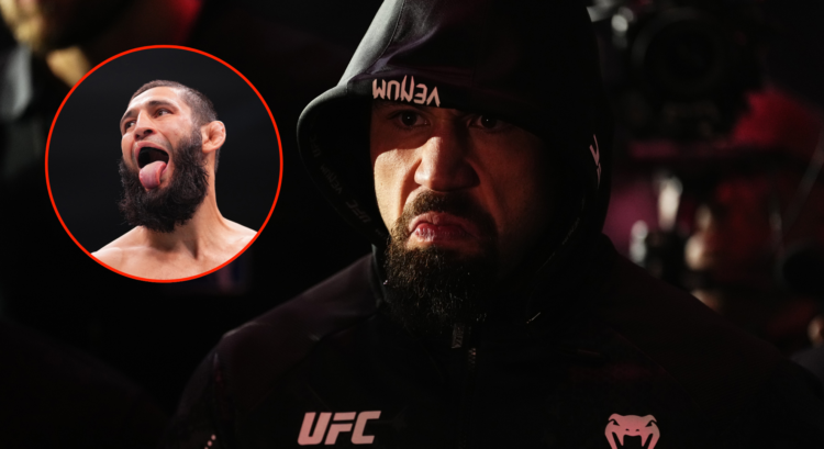 Robert Whittaker (right) before his fight against Ikram Aliskerov and Khamzat Chimaev (left) following his UFC 294 win