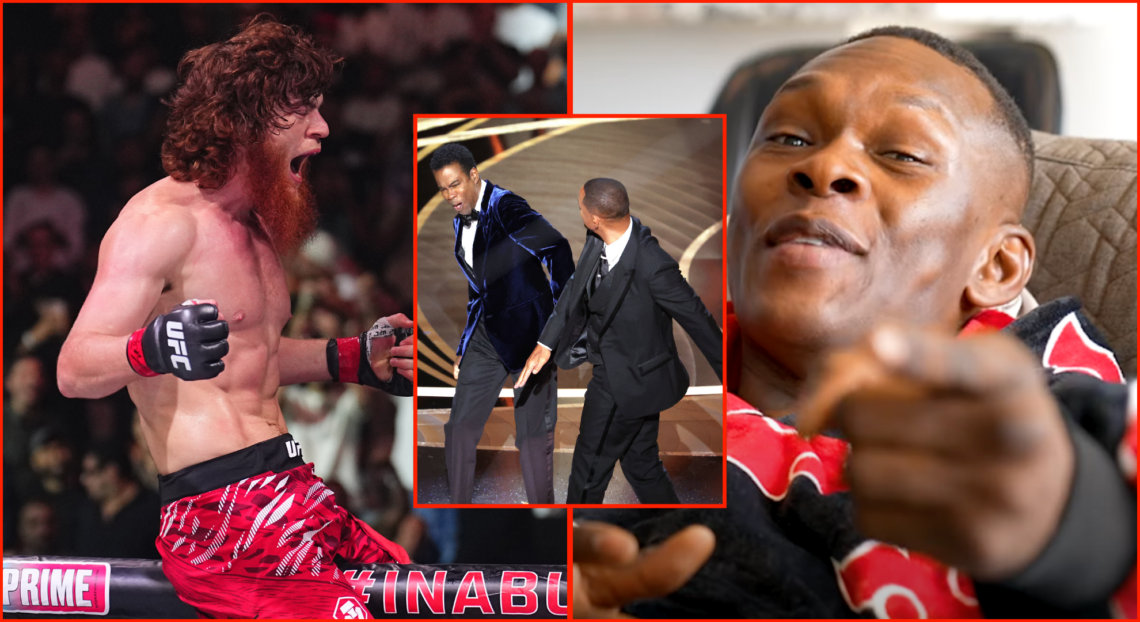 Left photo shows Shara Magomedov after UFC 308 celebrating. Center photo shows Will Smith slapping Chris Rock at the Oscars. Right photo shows Isra...