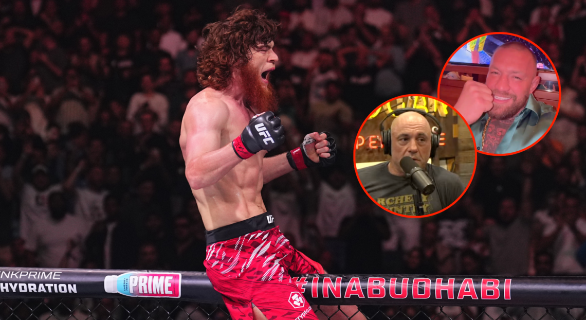 Main photo shows Shara Magomedov after UFC 308, Bubble photos show Joe Rogan and Conor McGregor