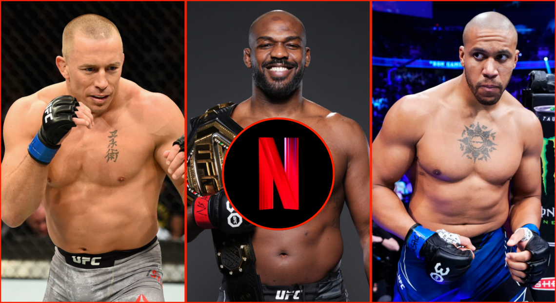Pop out of Georges St-Pierre at UFC 217, Jon Jones after UFC 285, Ciryl Gane at UFC 285, and the Netflix logo