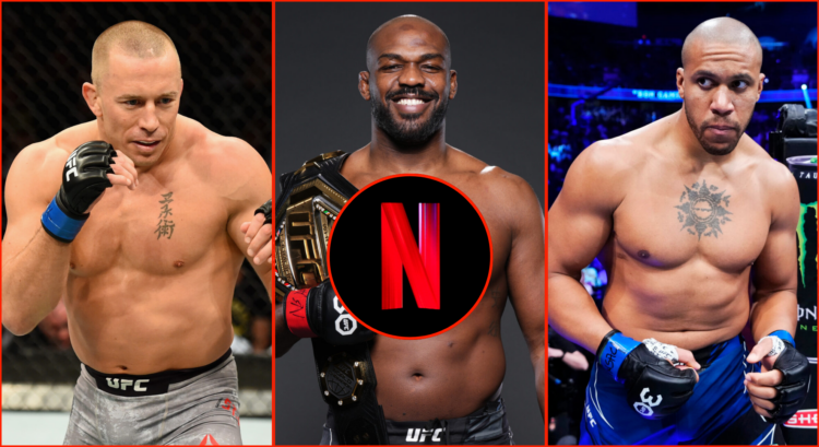 Pop out of Georges St-Pierre at UFC 217, Jon Jones after UFC 285, Ciryl Gane at UFC 285, and the Netflix logo