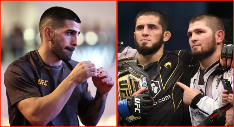 Side by side of Ilia Topuria at the UFC 308 open workouts and Islam Makhachev and Khabib Nurmagomedov at UFC 280