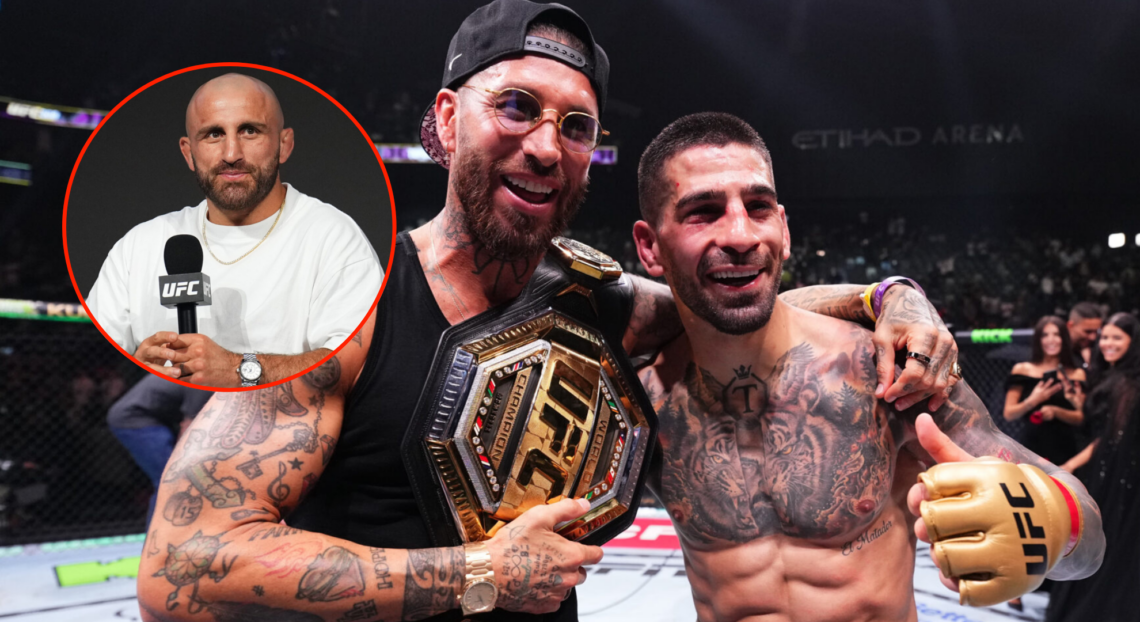 Pop out of Alexander Volkanovski at the UFC 308 pre-fight press conference and Ilia Topuria celebrating his UFC 308 win with Sergio Ramos