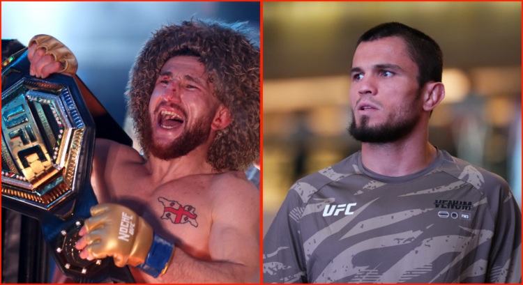 Side by side of Merab Dvalishvili at UFC 306 and Umar Nurmagomedov at UFC Fight Night Open Workout