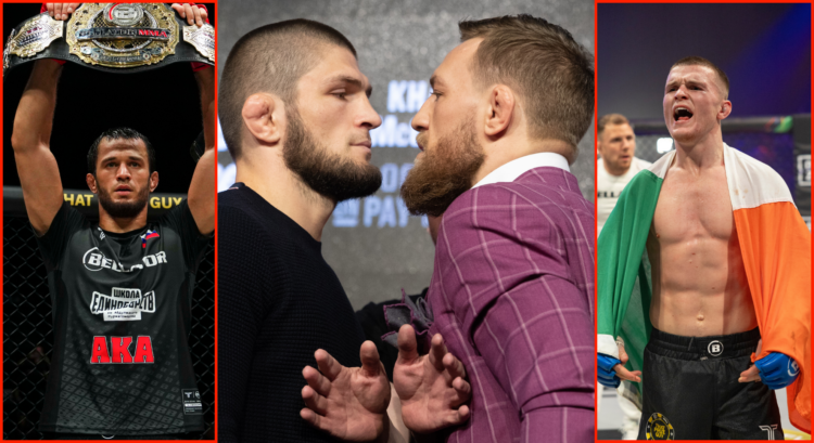 Left photo shows Usman Nurmagomedov with the Bellator belt. Center photo shows Khabib Nurmagomedov and Conor McGregor facing off, right photo shows...