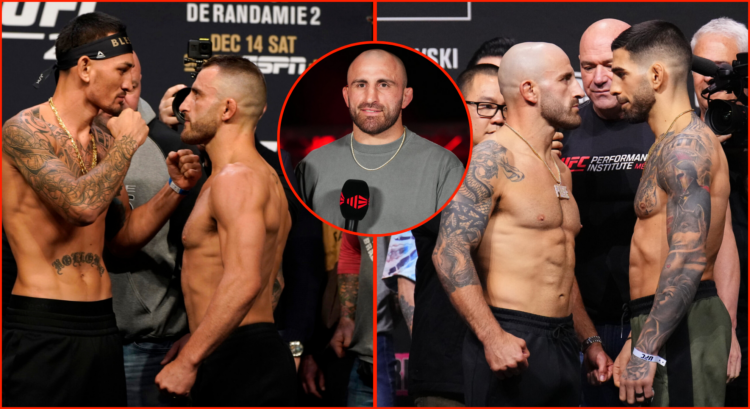 Split image of Alexander Volkanovski vs Ilia Topuria at UFC 298, Alexander Volkanovski on Main Event, and Alexander Volkanovski vs Max Holloway at ...