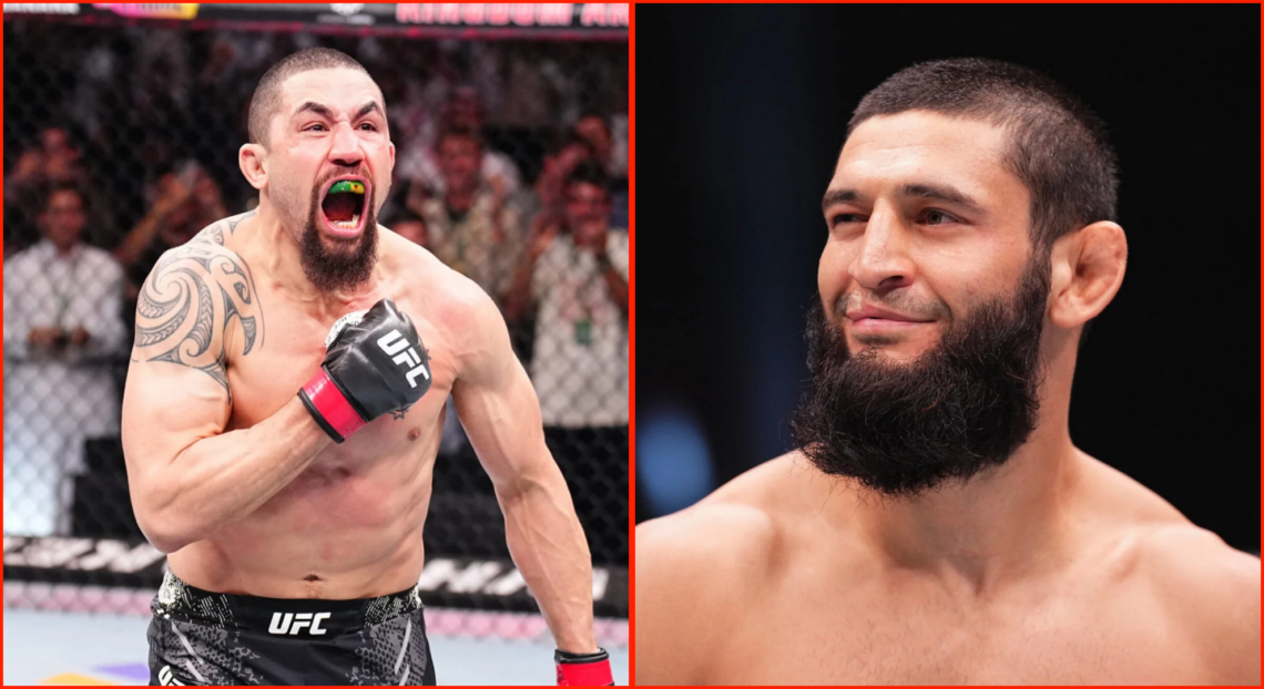 Side by side of Khamzat Chimaev at UFC 294 and Robert Whittaker after his win over Ikram Aliskerov in June 2024