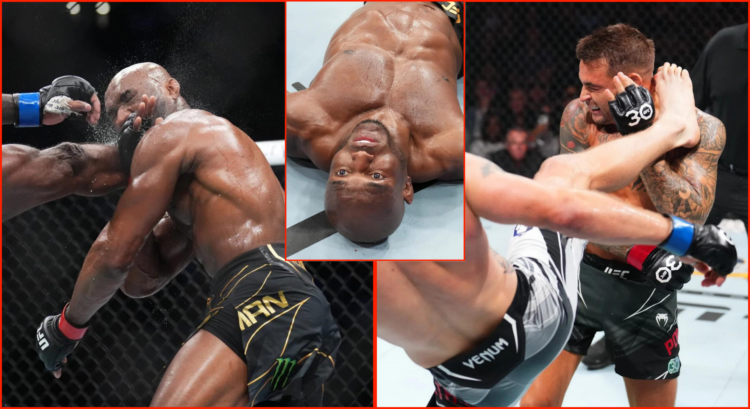 Side by side of Leon Edwards’ KO over Kamaru Usman at UFC 278 and Justin Gaethje’s KO over Dustin Poirier at UFC 291