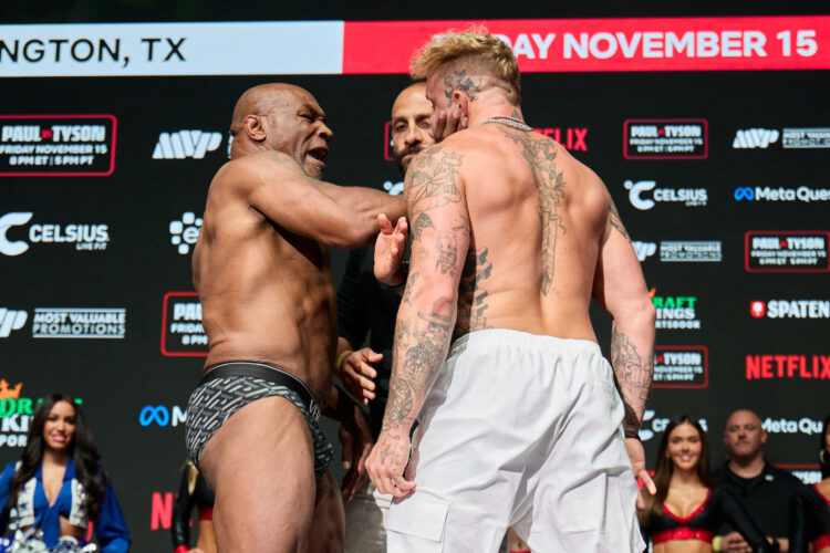 Mike Tyson slapping Jake Paul at their weigh-in
