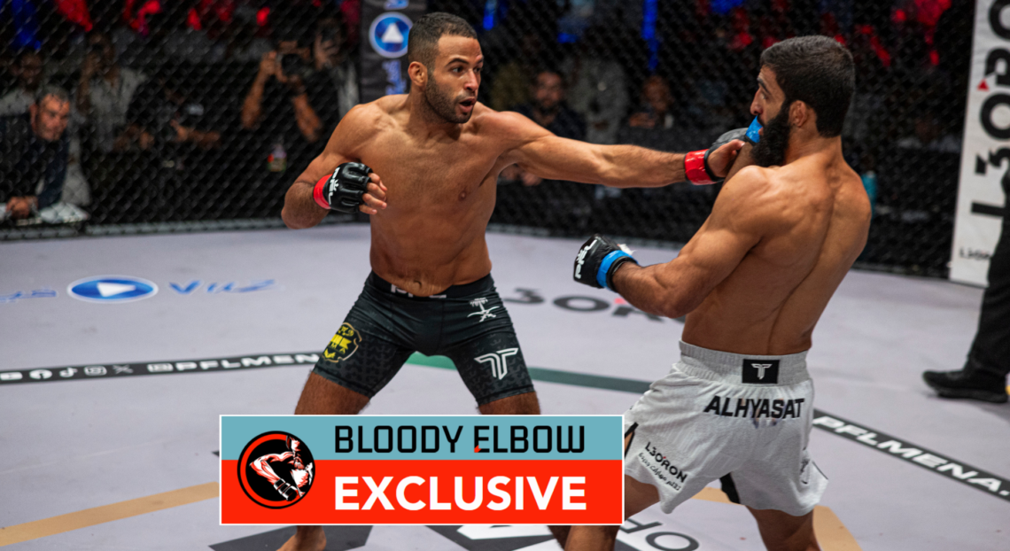 Abdullah Al-Qahtani punches Abdalrahman Alhyasat. Overlay text reads: BLOODY ELBOW EXCLUSIVE