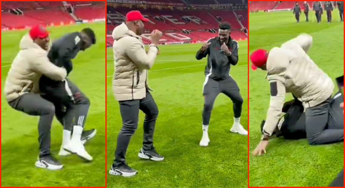 Three slides showing Francis Ngannou and Andre Onana grappling