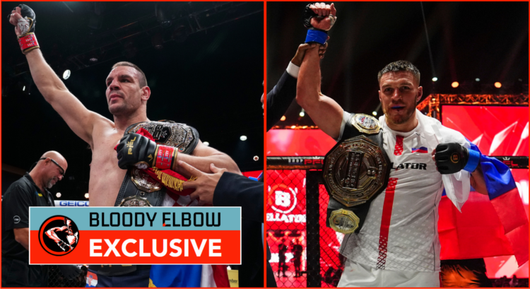 Ante Delija and Vadim Nemkov holding their belts. Overlay text reads: BLOODY ELBOW EXCLUSIVE
