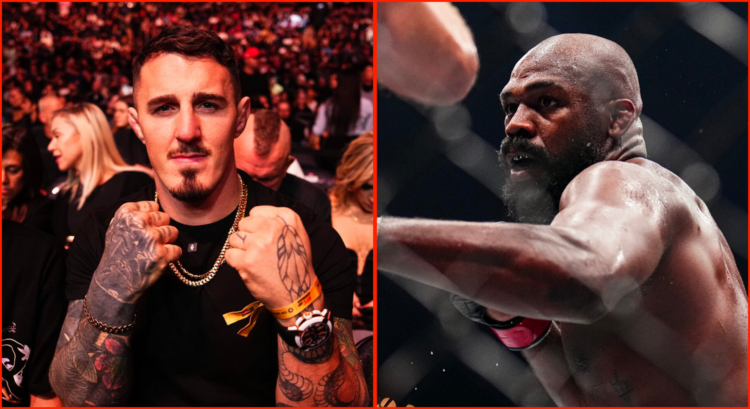 Side by side of Tom Aspinall and Jon Jones at UFC 309 in Madison Square Garden