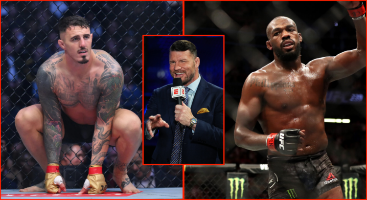Side by side of Tom Aspinall at UFC 304, Michael Bisping on UFC broadcast and Jon Jones at UFC 239