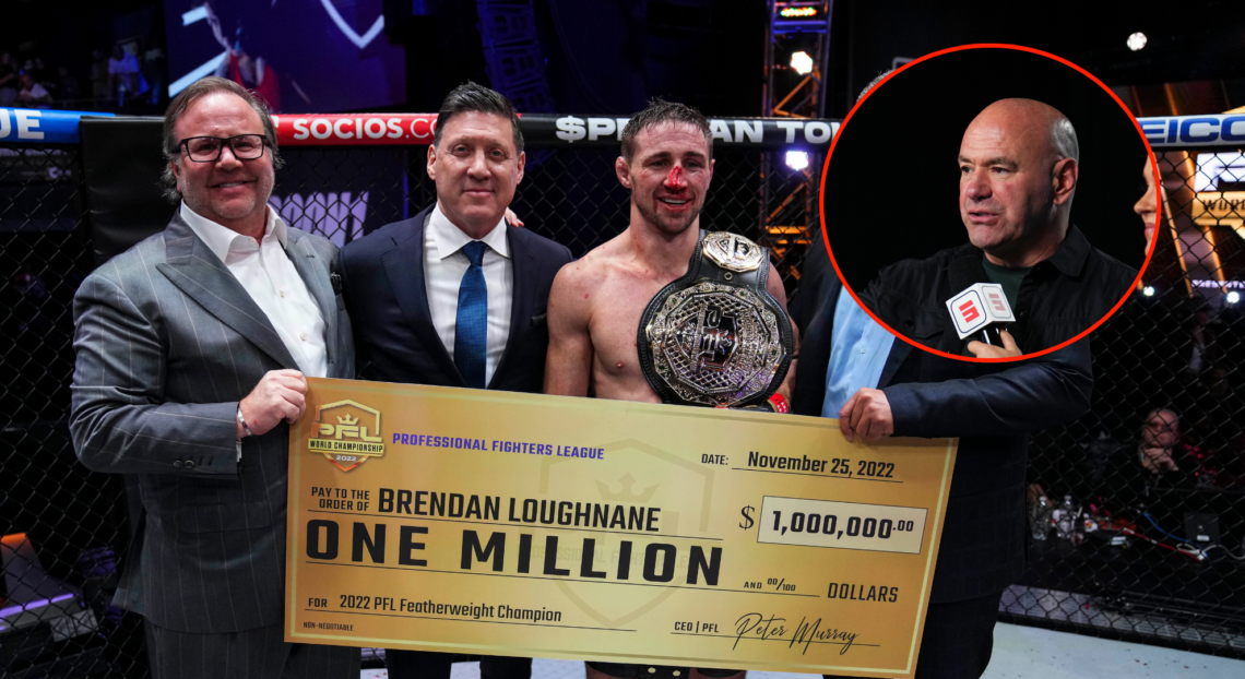 Main photo shows Donn Davis and Peter Murray presenting Brendan Loughnane with a $1million cheque. Bubble photo shows Dana White speaking