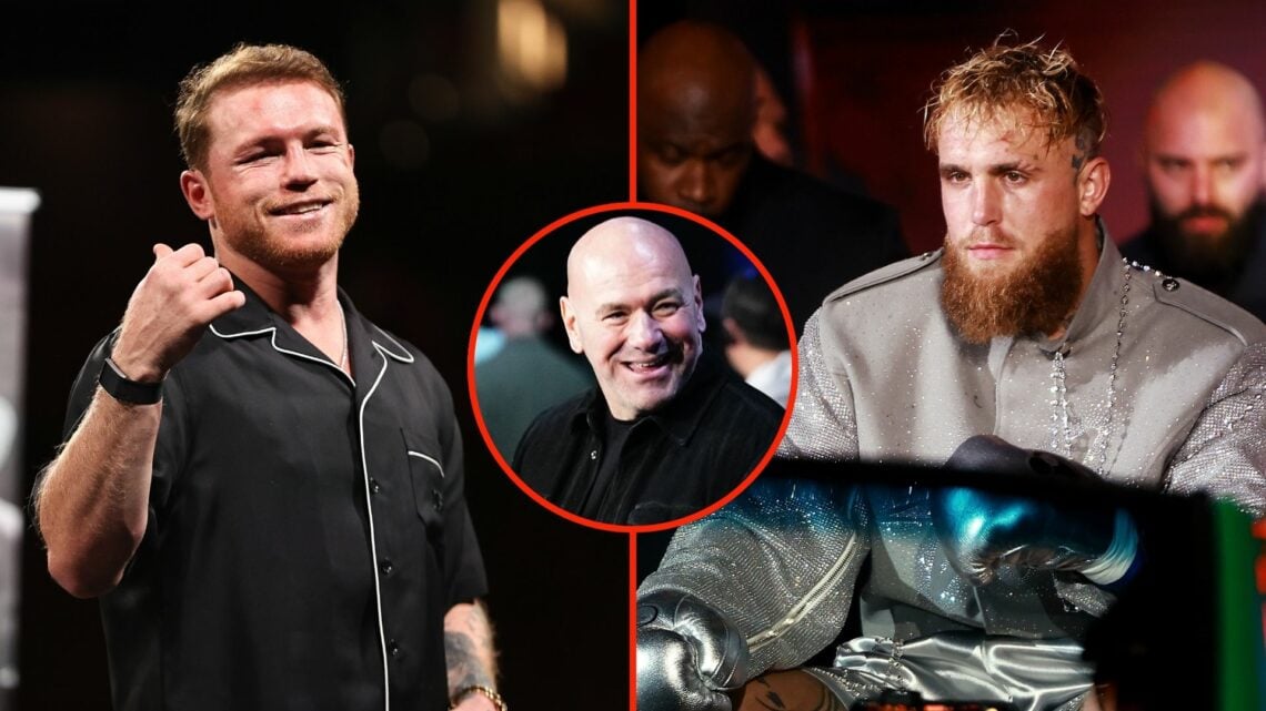 Split image of Canelo Alvarez and Jake Paul. Inset, Dana White.