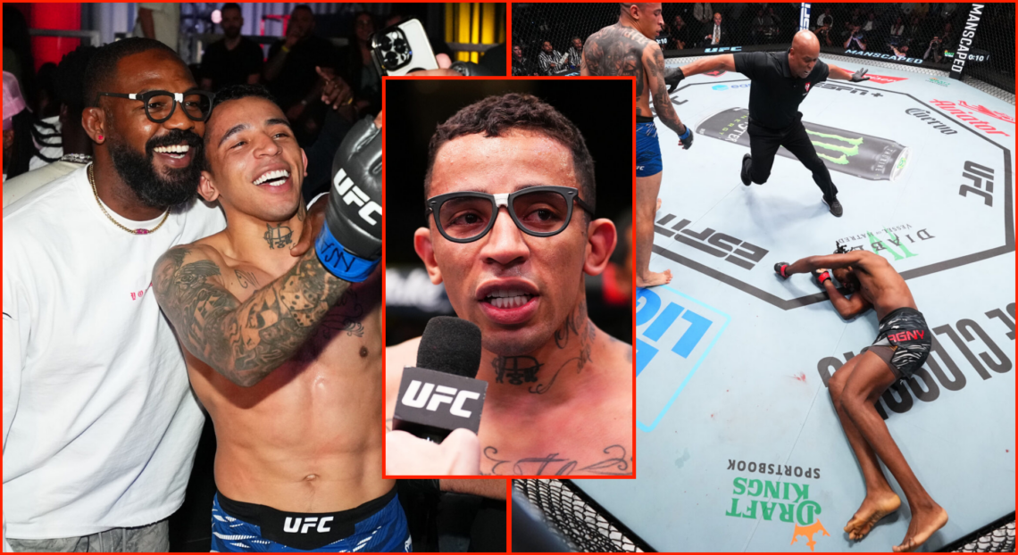 Split image of Carlos Prates during and after his KO win over Neil Magny at UFC Vegas 100