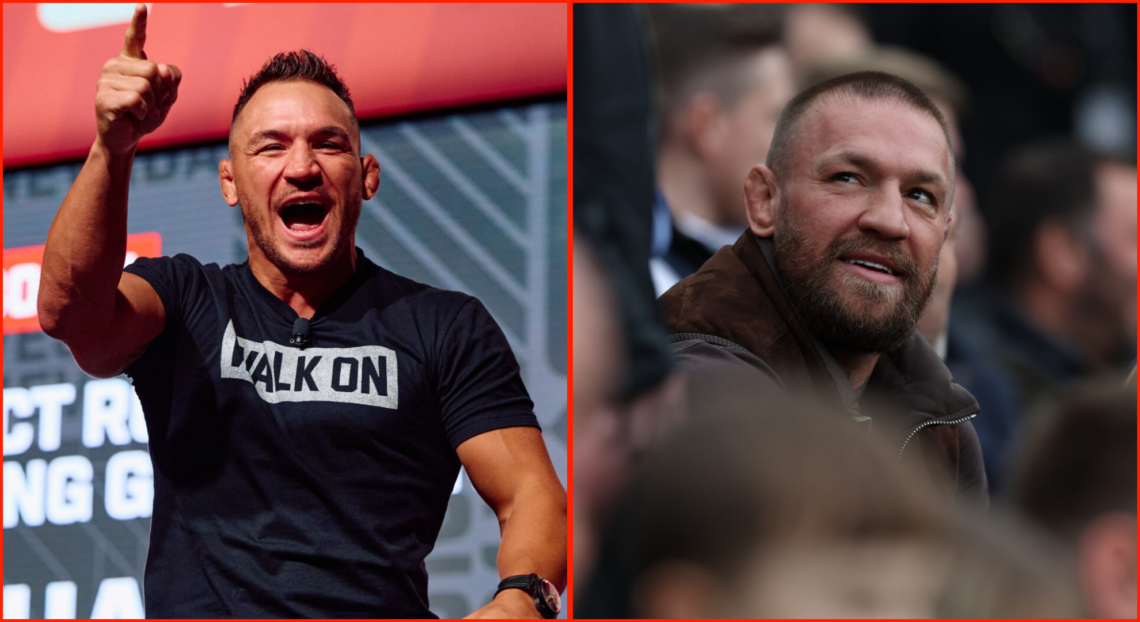 Split image of Michael Chandler at UFC X 2023 - Day 1 and Conor McGregor at Newcastle United FC v Arsenal FC