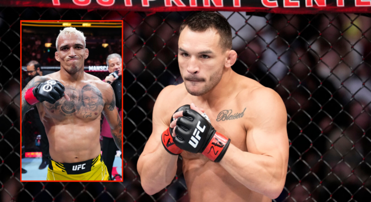Split image of Charles Oliveira at UFC 289 and Michael Chandler at UFC 274