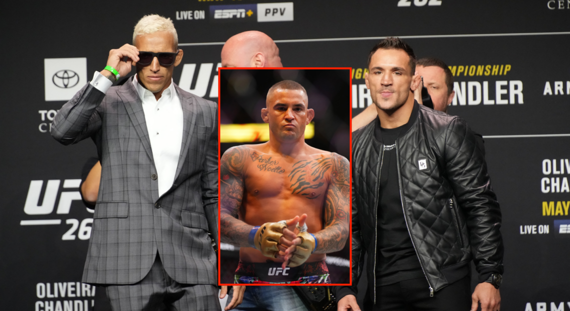 Charles Oliveira and Michael Chandler (main) during their face-off at UFC 262, and Dustin Poirier (middle) at UFC 302