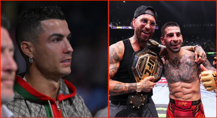 Cristiano Ronaldo (left) at PFL Battle of the Giants and Ilia Topuria (right) celebrating his UFC 308 win with Sergio Ramos