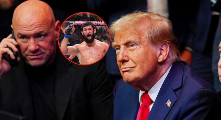 Photo shows Dana White and Donald Trump, wth Khamzat Chimaev between them in a bubble