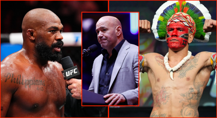 Split image of Alex Pereira at UFC 307, Jon Jones at UFC 309 and Dana White at a political rally.