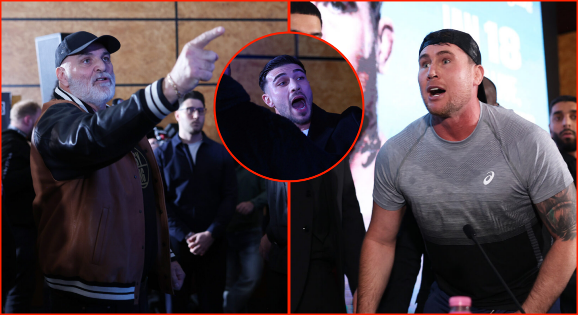 Pop out of John Fury, Tommy Fury and Darren Till at the MF X DAZN 20 press conference.