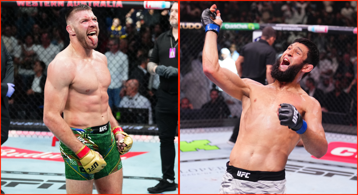 Dricus Du Plessis (left) following his UFC 305 win over Israel Adesanya and Khamzat Chimaev (right) following his win over Robert Whittaker at UFC 308