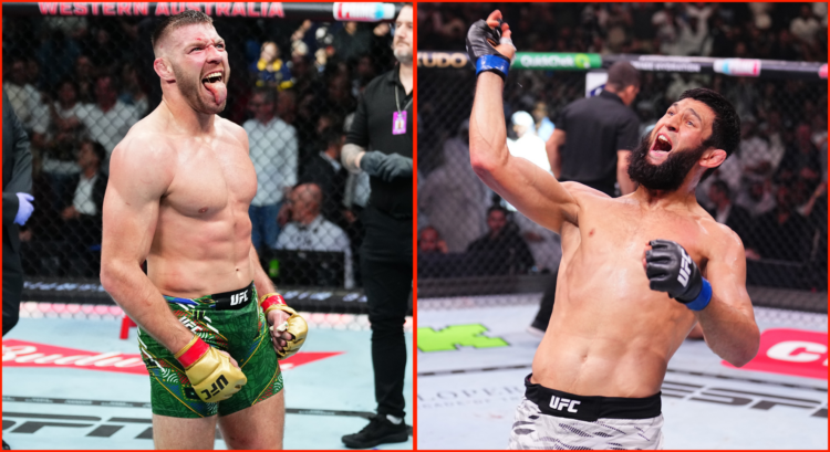 Dricus Du Plessis (left) following his UFC 305 win over Israel Adesanya and Khamzat Chimaev (right) following his win over Robert Whittaker at UFC 308