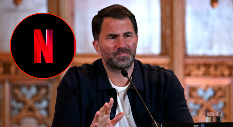 Pop out of Eddie Hearn at the Fury v Usyk 2 press conference and the Netflix logo