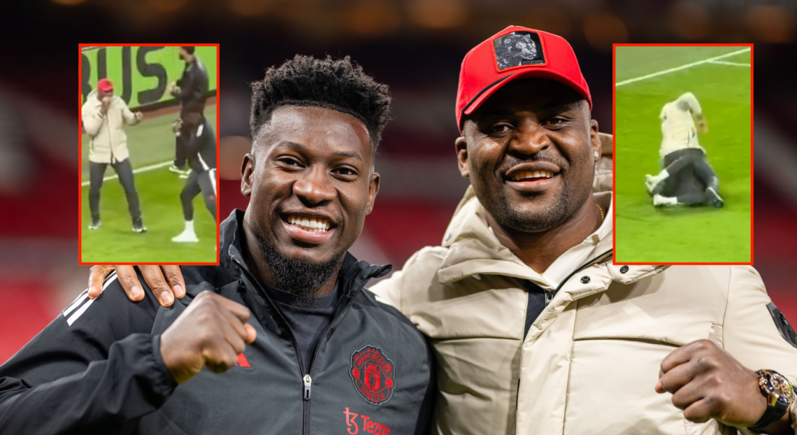 Main photo shows Andre Onana with Francis Ngannou. Block photos either side show the pair grappling