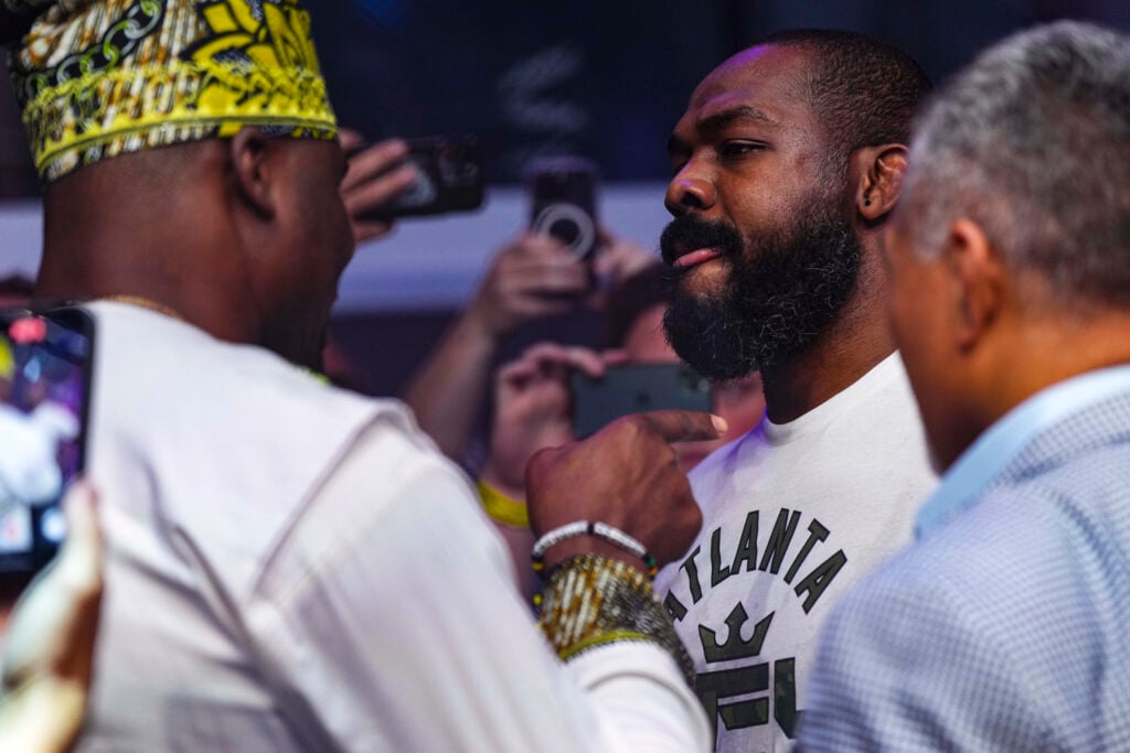 Francis Ngannou and Jon Jones face off at the 2023 PFL 5 event.