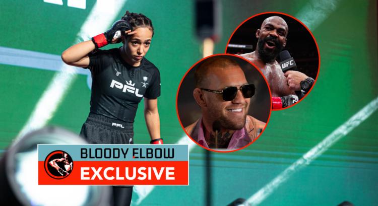 Main photo shows Hattan Alsaif making a ring walk. Bubble photos show Conor McGregor (bottom) and Jon Jones (top). Overlay text reads: BLOODY ELBOW...