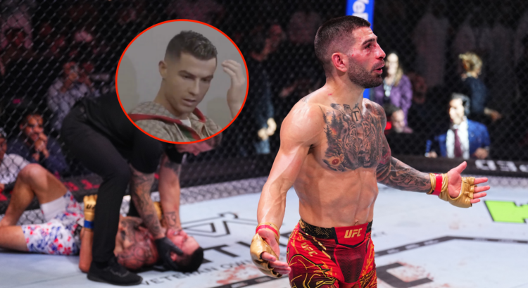 Main photo shows Ilia Topuria after knocking out Max Holloway. Bubble shows Cristiano Ronaldo discussing his fight