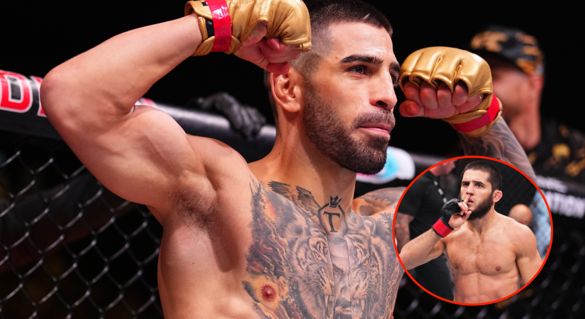Ilia Topuria (left) moments before his UFC 308 main event, and Islam Makhachev (right) following his UFC 294 win