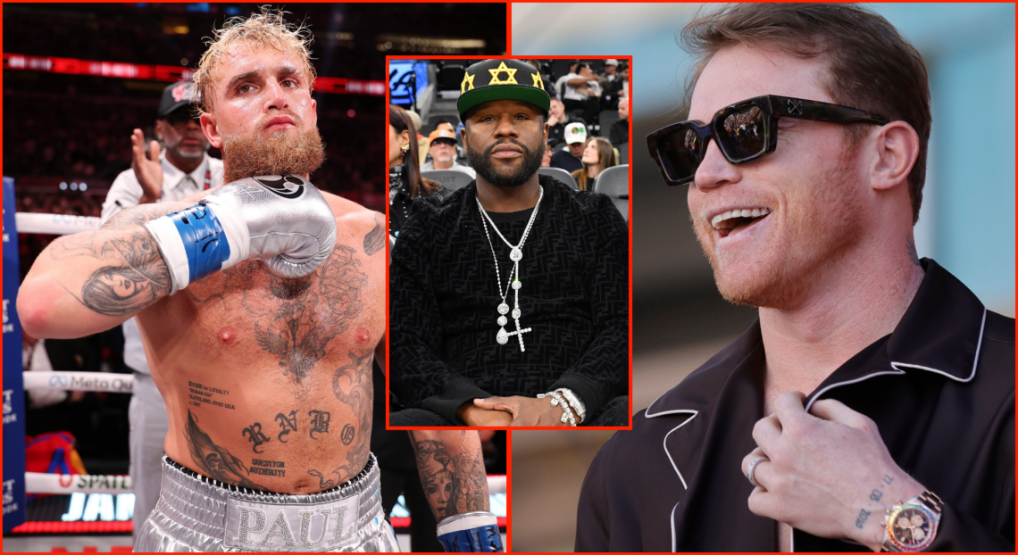 Jake Paul (left) following his win over Mike Tyson, Floyd Mayweather (middle) at an NBA game, and Canelo Alvarez (right) at ceremonial weigh-ins