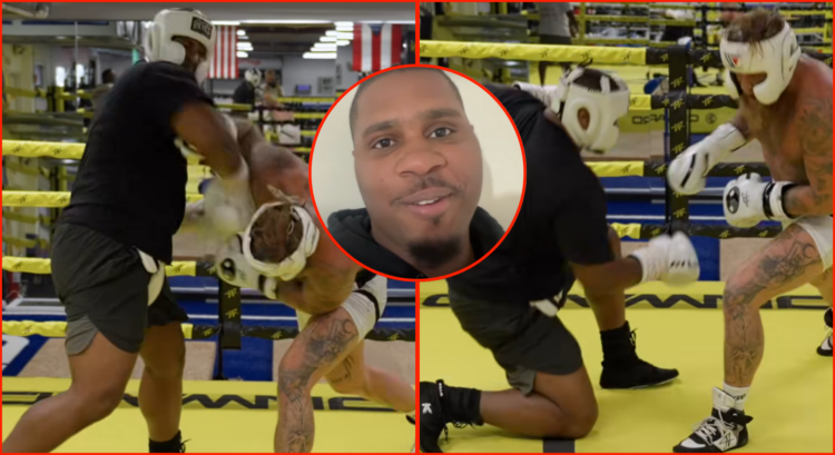 Composite image, left and right show DeAndre Savage being dropped by Jake Paul. Centre bubble shows DeAndre Savage speaking