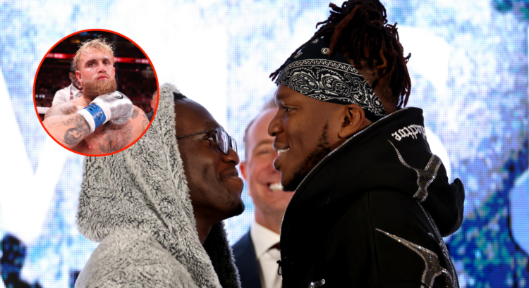 Main photo shows KSi and Deji facing off. Bubble shows Jake Paul making a throat gesture