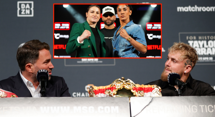 Jake Paul and Eddie Hearn (main) talking at the Katie Taylor vs Amanda Serrano 1 press conference, and Katie Taylor and Amanda Serrano (top) pose o...